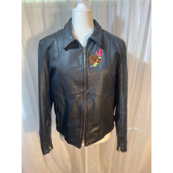 Park V‎ Women's Large (18) Leather Biker Jacket Fringed Black Harley - Picture 1 of 6